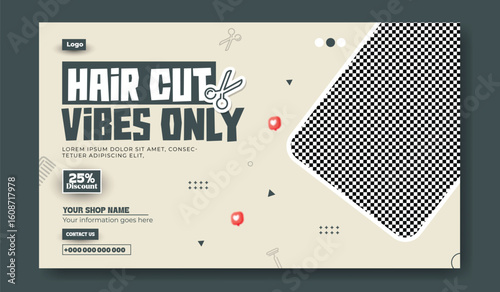 Haircut Barber Shop Template with Scissors and Checkered Pattern Background
