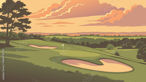 A scenic golf course featuring sand traps, a flag, and a tree under a cloudy sky view