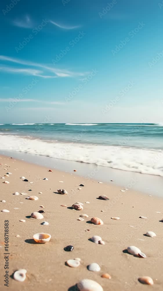 Scenic beach view with shells and gentle waves Scenic beach view with shells and gentle waves