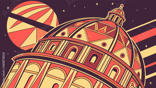 Illustration of a dome building with a geometric planet in a starry night sky scene
