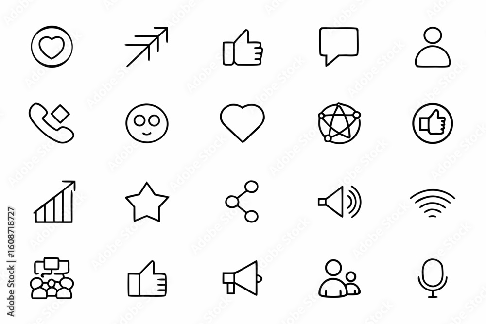 Fototapeta premium A clean, expressive single-line vector set highlighting the digital life of creators, followers, and platforms. Ideal for app UIs, marketing visuals, and branding.
