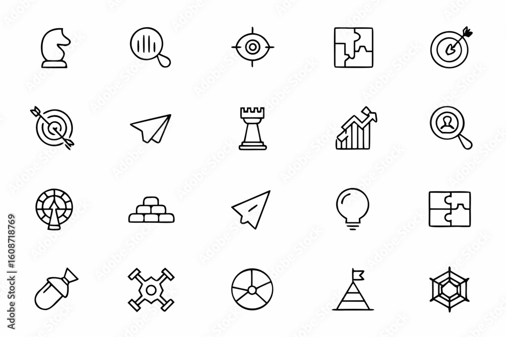 Fototapeta premium A dynamic strategy-themed line art set showcasing core ideas in planning and execution. Great for print materials, digital content, and educational strategy courses.