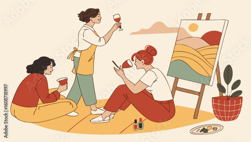 Three women enjoying a paint and sip party with wine and an easel painting landscape