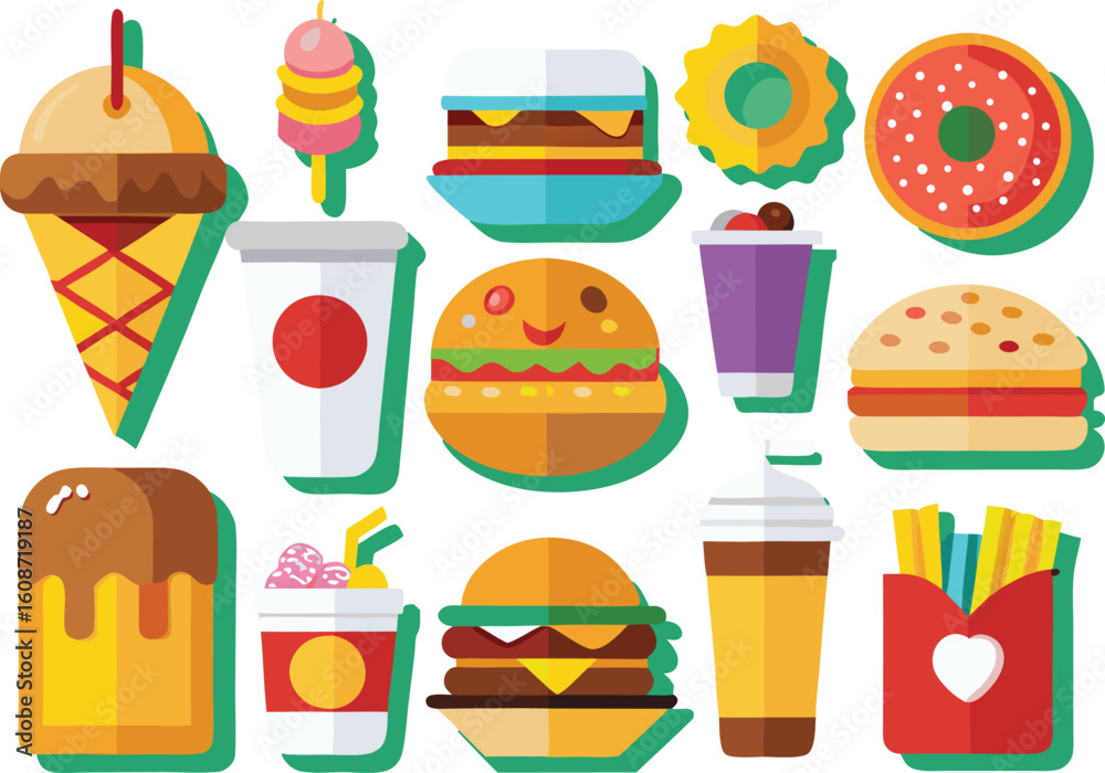 Fototapeta premium Flat design fast food and drinks collection ice cream