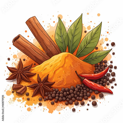 A vibrant watercolor illustration of aromatic spices like turmeric, cinnamon, star anise, and chili peppers for culinary use.