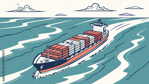 Illustration of a cargo ship sailing on the ocean with containers on a bright day time