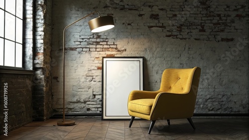 Mid-century modern room with warm lighting, brick backdrop, and a single blank vertical frame above mustard lounge chair.