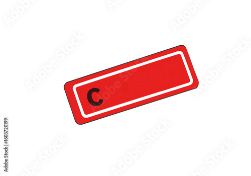 A red closed sign with a white border tilted on a white background indicating business closure