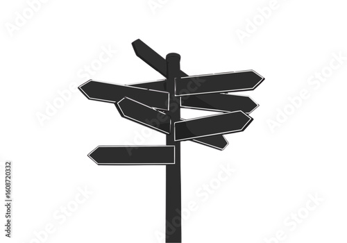A black and white illustration of a signpost with multiple blank direction arrows pointing in many directions