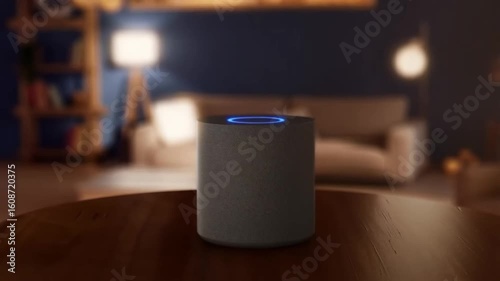 Smart speaker activates with glowing blue light in cozy living room