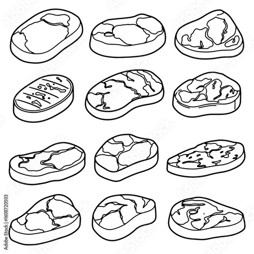 Black and white line art illustration of various steak cuts isolated on white
