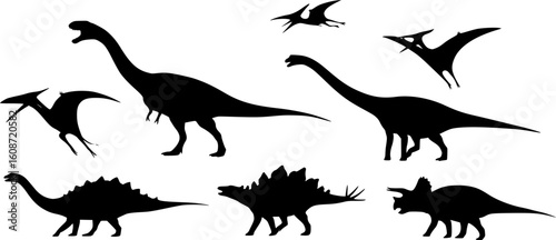 dinosaurs silhouettes, various species, including Tyrannosaurus Rex, Triceratops, Stegosaurus, Pterodactyl, and Brachiosaurus, black and white