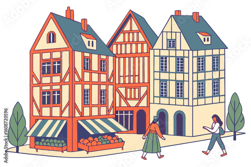 Rennes historic half-timbered houses around Place des Lices, bustling weekend market stalls, and locals enjoying galettes, modern flat illustration style