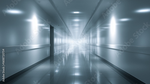 Minimalist medical corridor with abstract blur, conveying serenity and modern efficiency in healthcare spaces.