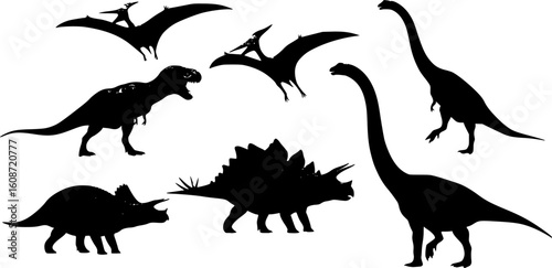 dinosaurs silhouettes, various species, including Tyrannosaurus Rex, Triceratops, Stegosaurus, Pterodactyl, and Brachiosaurus, black and white