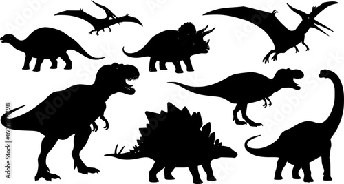 dinosaurs silhouettes, various species, including Tyrannosaurus Rex, Triceratops, Stegosaurus, Pterodactyl, and Brachiosaurus, black and white