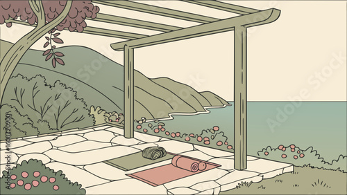 Yoga mats on stone patio under pergola with ocean view and lush vegetation scenery