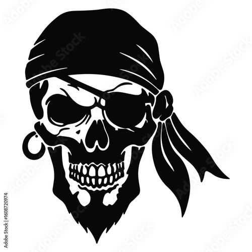 Black and white pirate skull graphic wearing an eye patch and bandana on white background