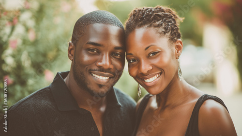 Young black couple sharing a joyful moment, radiating happiness and love.