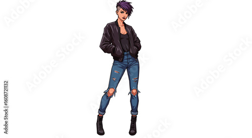 Woman with short purple hair standing in ripped jeans and a black jacket on a white background