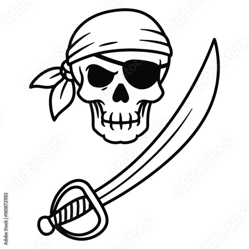 Black and white pirate skull with bandana and eye patch next to sword illustration