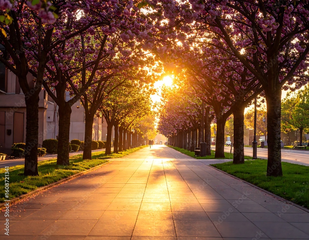 Obraz premium Sakura-lined avenue bathed in golden sunlight