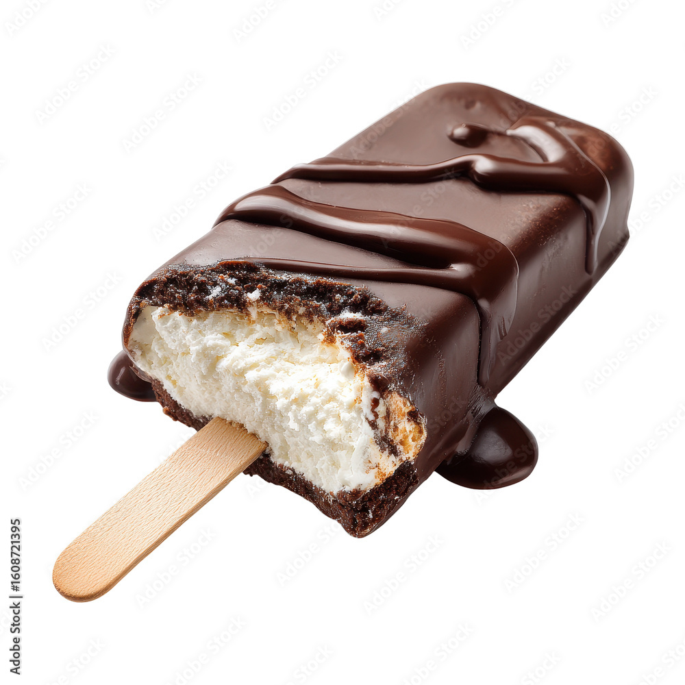 Obraz premium Chocolate covered ice cream bar with a bite taken out dripping with melted chocolate