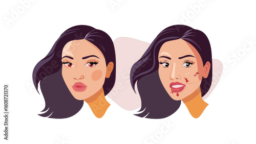 Comparison of a woman's face before and after an incident with blood on her face area