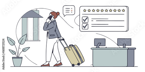 Woman arriving at hotel talking on the phone with her luggage near the reception desk
