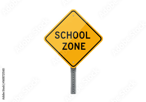 A yellow school zone sign with black text on a gray metal pole against a plain white background image view