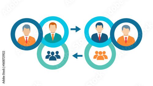 Illustration of business people in circles exchanging roles and responsibilities
