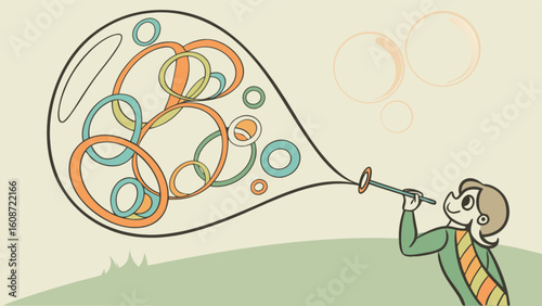A person blowing a large bubble filled with colorful circles using a bubble wand outdoors