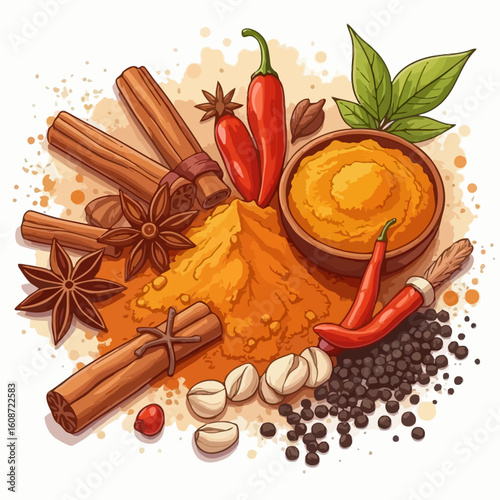 A vibrant illustration of assorted spices including cinnamon, star anise, chili peppers, turmeric powder, and peppercorns, creating a culinary art composition.