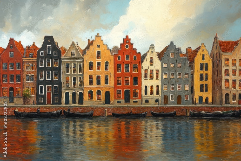 Fototapeta premium A picturesque scene of colorful canal houses reflecting in water.