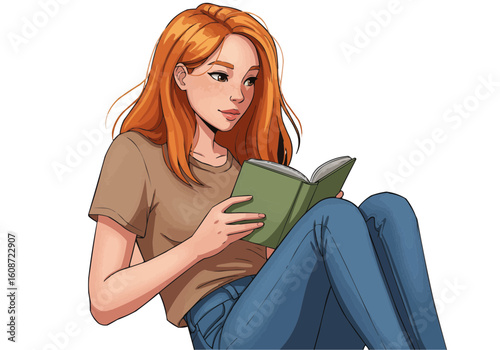 Illustration of a woman with red hair reading a green book while sitting in blue jeans on a white background