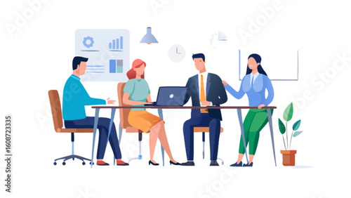 Group of people in a business meeting sitting around a table with a laptop and charts