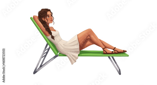 A woman relaxing on a green beach chair wearing a white dress and brown sandals in the sunshine day