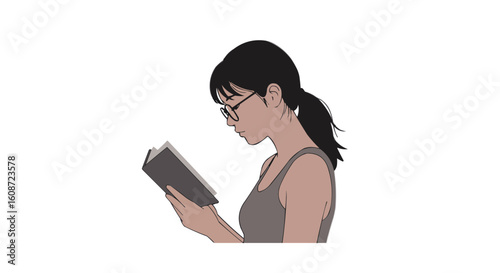 Illustration of a woman with glasses reading a book with a ponytail in a tank top on a white background