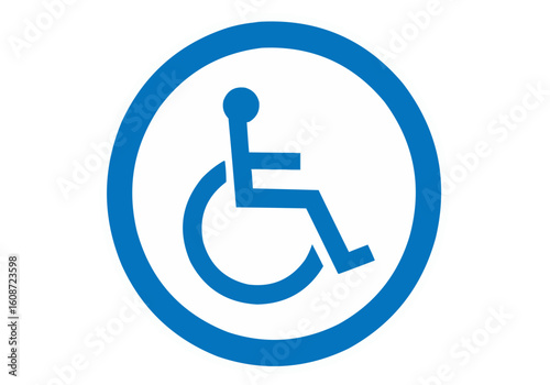 Blue handicap symbol in a circle indicating accessibility and assistance for disabled individuals here