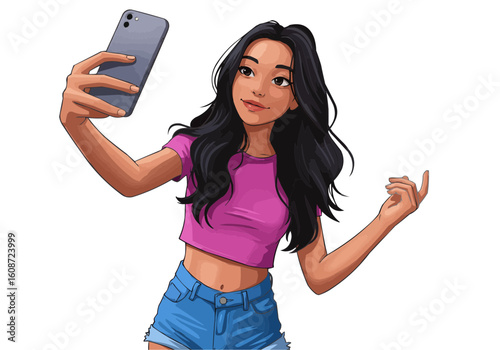 Illustration of a young woman with black hair taking a selfie with her smartphone in a pink shirt and blue shorts
