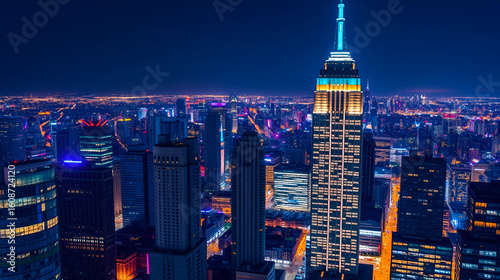 Flat night panorama of multicolor light in windows of multistory buildings aerial timelapse. Illuminated skyscraper with reflections in a big city