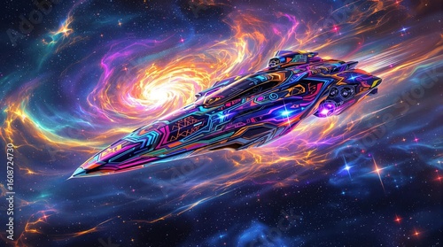 Fototapeta Naklejka Na Ścianę i Meble -  Colorful ship sails through a swirling, bright nebula field in deep outer space