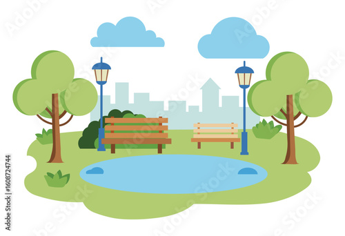 Park Scene Landscape Icon Featuring Trees Bench and Nature Elements
