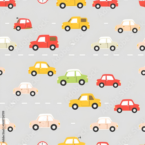 Cars seamless background. Child vector illustration of road traffic. Pattern for kid fabric and paper.