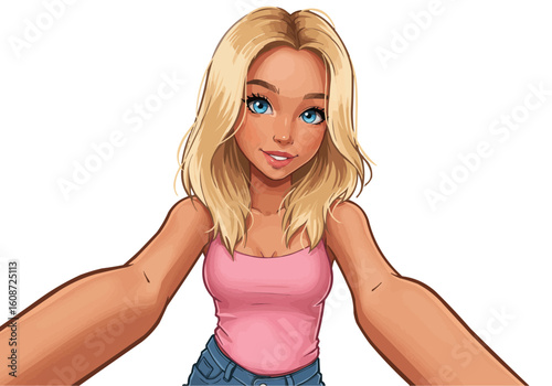 Blonde woman with blue eyes taking a selfie wearing a pink tank top and blue jeans looking at the camera