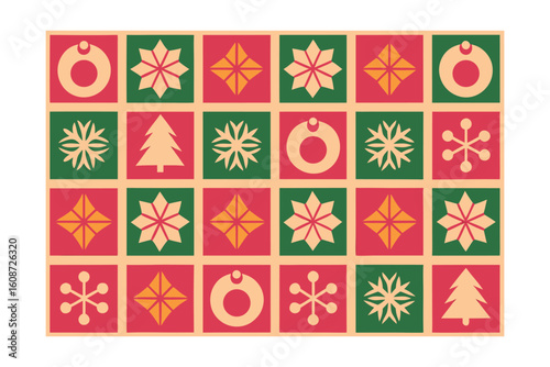 Seamless pattern Christmas ornaments snowflakes trees in red green beige holiday