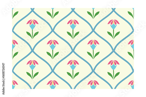 Seamless pattern stylized flowers blue lattice on cream floral repeating