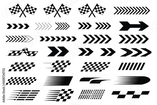 Racing Car Stripe Graphic Kit, High-Speed Line Designs with Checkered Flags and Motocross Labels for Automotive Stickers, Vehicle Wraps, and Motorsport Illustration Projects