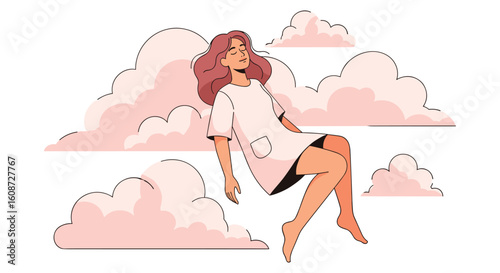 An illustration depicts a serene woman floating among puffy, pink clouds, suggesting a dreamlike state of relaxation, peace, and tranquility in a whimsical setting.