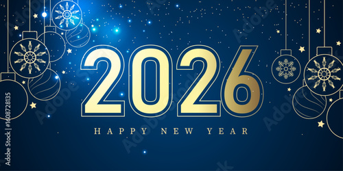 christmas baubles patterns gold lines decoration 2026 happy new year celebration background vector illustration.gold dust and glowing new year abstract backdrop.